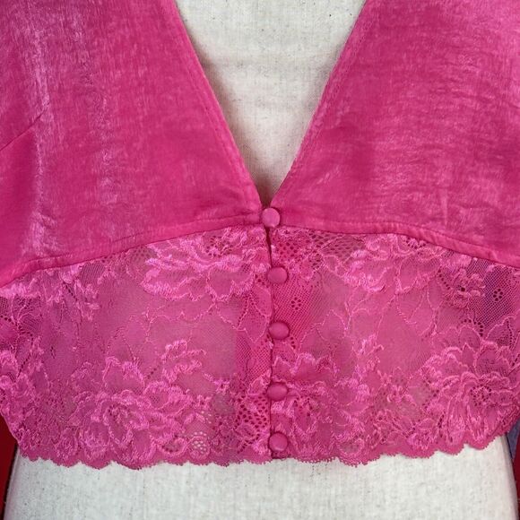 Bar III X-Large Cropped Top Long Balloon Sleeves Lace-Hem Button-Up V-Neck Pink - Picture 3 of 10